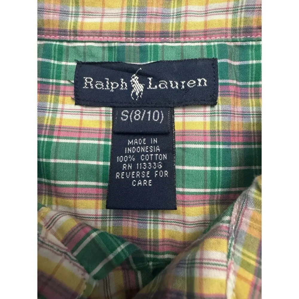 Ralph Lauren Boys Plaid Button Down Shirt Green Sz S 8-10 Cotton
